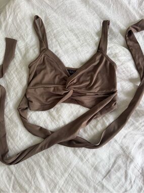 SHEIN Brown Ribbed Twist-Front Wrap Crop Top